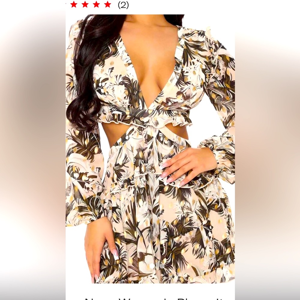 Fashion Nova Beige Floral Cutout Long Sleeve Romper
